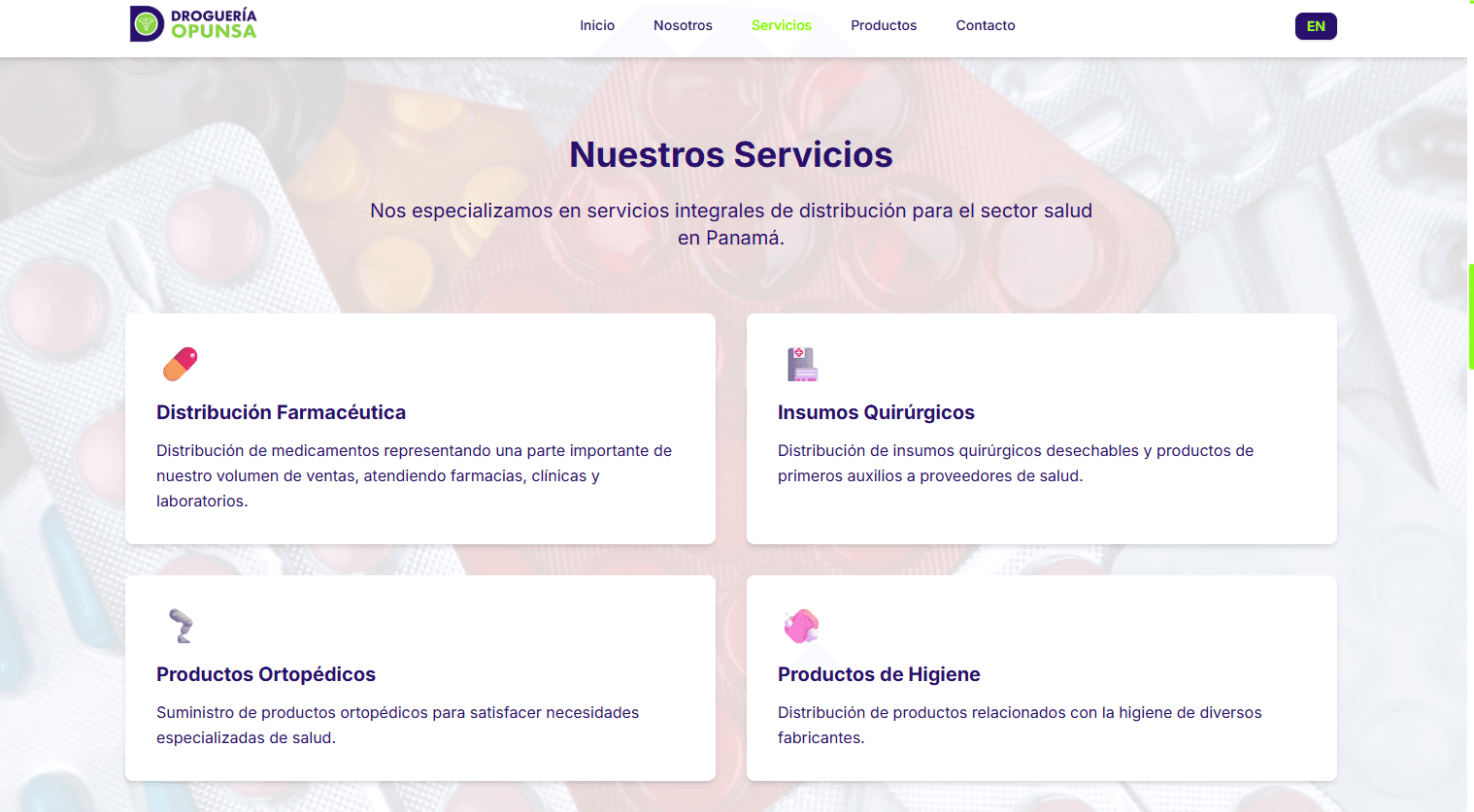 Página de servicios de Droguería Opunsa